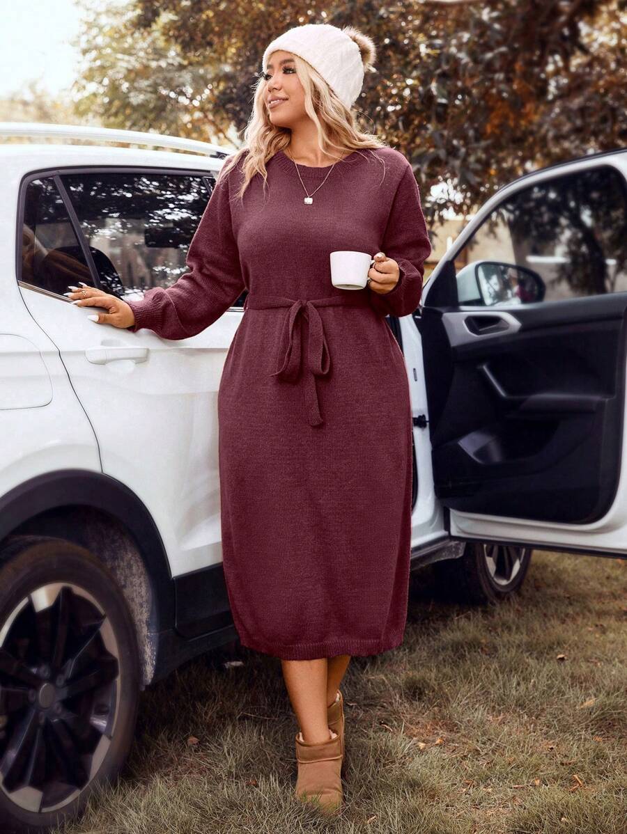 SHEIN LUNE Plus Size Solid Color Lantern Sleeve Sweater Dress With Belt Winter Fall Autumn - Burgundy - View 1