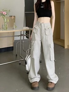 素色翻蓋口袋工裝褲 - 淺灰色 - 查看 3