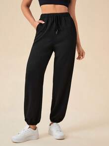 Daily&Casual 女士抽繩腰運動褲 - 黑色 - 查看 4