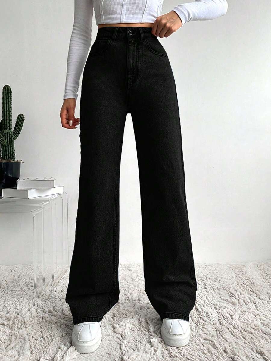 SHEIN Cottnline Solid Color Straight Leg Casual Jeans - Black - View 1