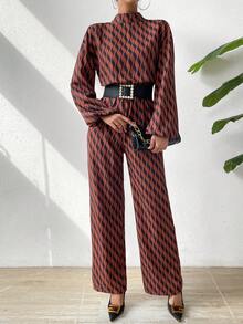 SHEIN Privé Monos Estampados Con Patrón Ondulado De Cuello Alto Para Mujeres, Hombros Caídos, Cinturón No Incluido - Caqui - Ver 6