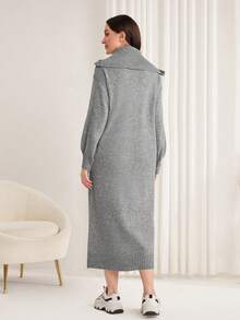 Mulvari Màu thuần Dây kéo nửa Đầm Áo len - Xám - Xem 2