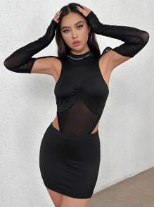 SHEIN Unity Ensembles De Deux Pièces Pour Femmes, Ensemble De Body Et Jupe En Maille Évidée Et À Résille - Noir - Voir 4