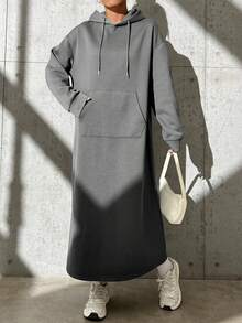 Muchica Hooded Drawstring Sweatshirt Dress - Grey - View 5