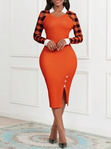 SHEIN Lady In kẻ sọc Buffalo Tay Raglan Tách đùi Đầm - Nhiều màu - Xem 3