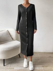 SHEIN Unity Solid Color Thermal Lined Button Front Dress