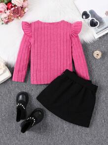 SHEIN Hàng mới đến Nhỏ bé Cô gái Dệt kim Sọc Áo Với Nơ Thắt lưng & Vải to sợi Váy Hai chiếc Bộ - Nhiều màu - Xem 2