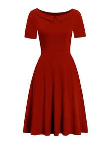 Peter Pan Collar Solid Dress - Red - View 3
