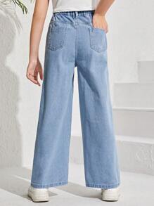 SHEIN 少女休閒舒適寬腿牛仔褲,可愛的多巴胺著色區塊和花卉印花,淺色洗水藍