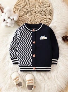 Baby Boys' Z-shaped Pattern Bear Patch Cardigan With Front Snap, Gray