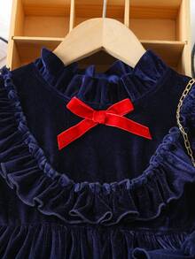 SHEIN Young Girl Ruffle Trimmed Ribbon & Bow Decorated Dress - Navy Blue - View 4