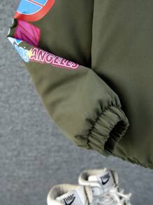 Tween Boy Cute Bear Pattern Stand-Up Collar Green Padded Coat, For Children Aged 8 Or Above - Army Green - View 7