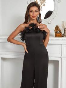 SHEIN Belle 3D網紗貼花邊繞頸派對連身褲 - 黑色 - 查看 4