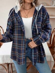 Calvaya Plus Size Hooded Plaid Drawstring Casual Shirt - Navy Blue - View 5