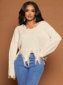 SHEIN SXY Women's Solid Color Drop Shoulder Distressed Long Sleeve Sweater,Long Sleeve Tops In Fall/Winter