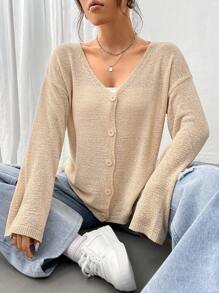 SHEIN Unity Áo len nữ trễ vai cài cúc thông thường và đa năng - Màu Khaki - Xem 1