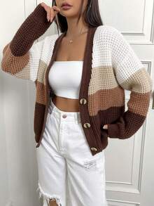 SHEIN Unity 拼色下落肩前扣釦針織羊毛衫 - 彩色 - 查看 3