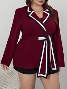 SHEIN Privé Talla grande Blazer unido en contraste con cinturón - Burdeos - Ver 3