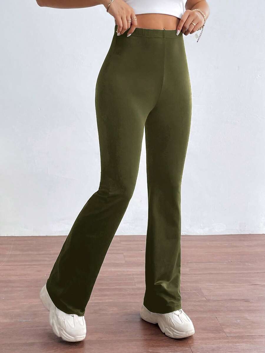 SHEIN Essnce 女款深綠色直筒打底褲 - 墨綠色 - 查看 1