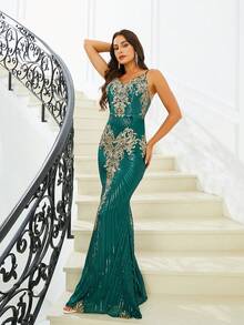 Missord 女士花朵刺繡和鏈珠細節晚禮服,綁帶上的花樣繡 - 綠色 - 查看 7