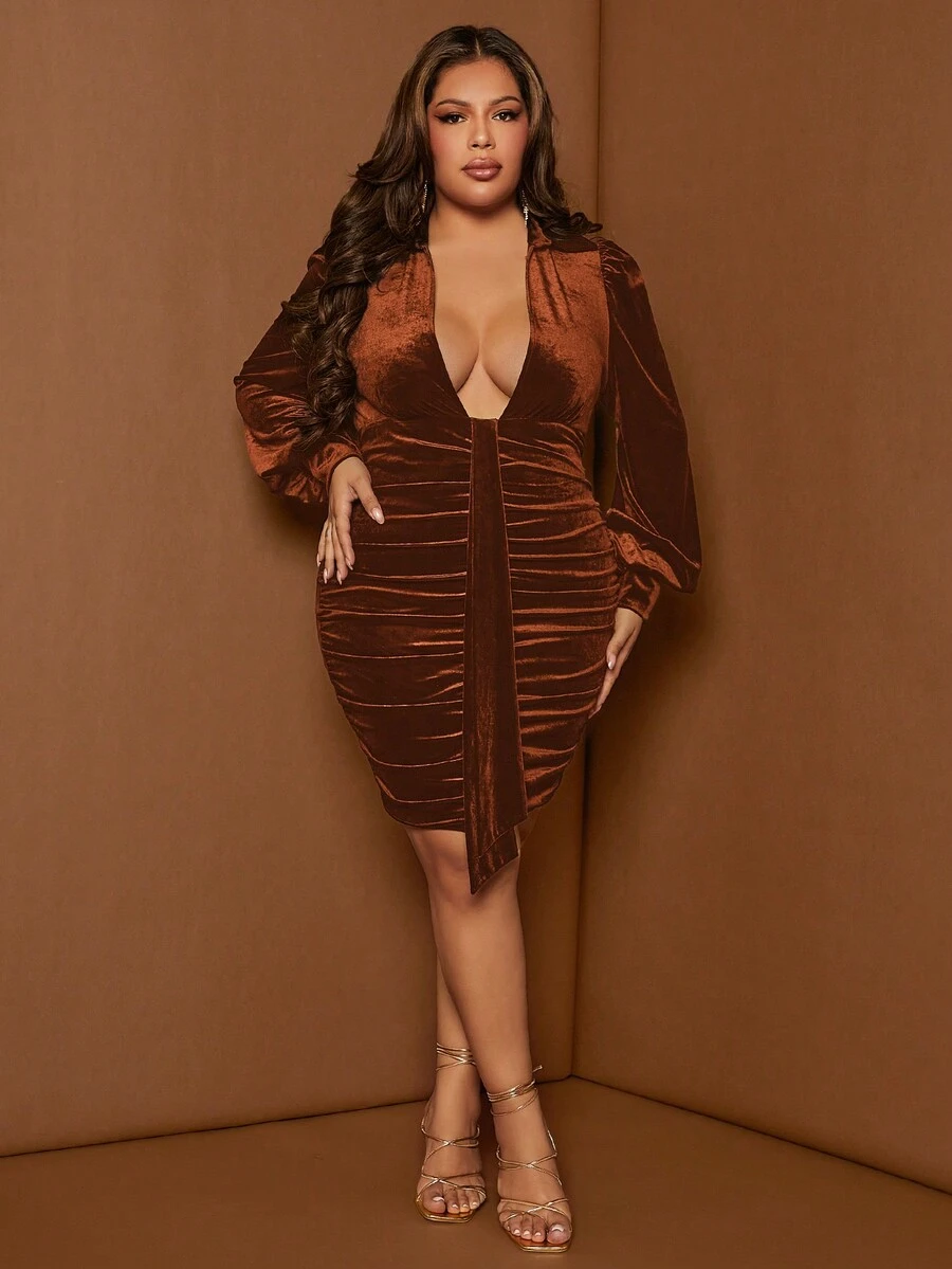SHEIN SXY Plus Plunging Neck Lantern Sleeve Ruched Velvet Bodycon Dress - Brown - View 1