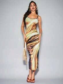 SHEIN BAE 女款流體抽像印花圖案吊帶修身長連身裙 - 綠色 - 查看 6