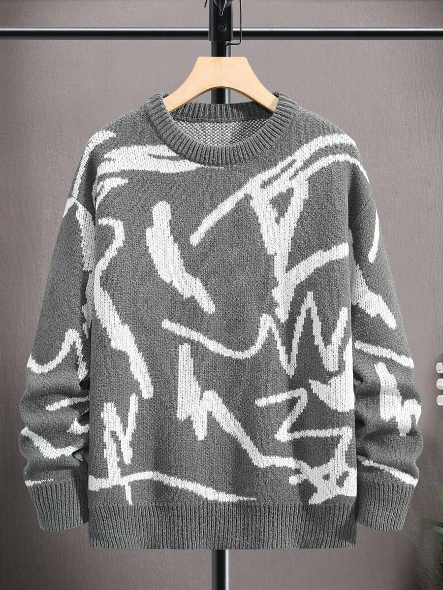 Manfinity Roghcode Men's Patterned Drop Shoulder Sweater - Dark Grey - View 1