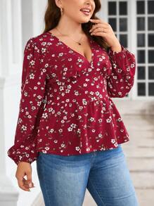 SHEIN Clasi 加上花卉印花燈籠袖荷葉邊襯衫 - 彩色 - 查看 4