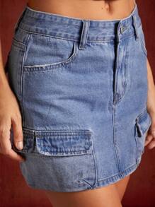 Flap Pocket Denim Skirt - Medium Wash - View 3