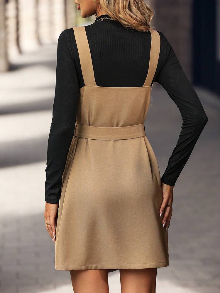 Women's Solid Color Double-breasted Belted Vest And Coat Two-piece Set