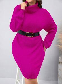 Mulvari Của phụ nữ Kích thước lớn Cổ cao Màu thuần Đầm Áo len - Màu Hồng Tươi - Xem 6