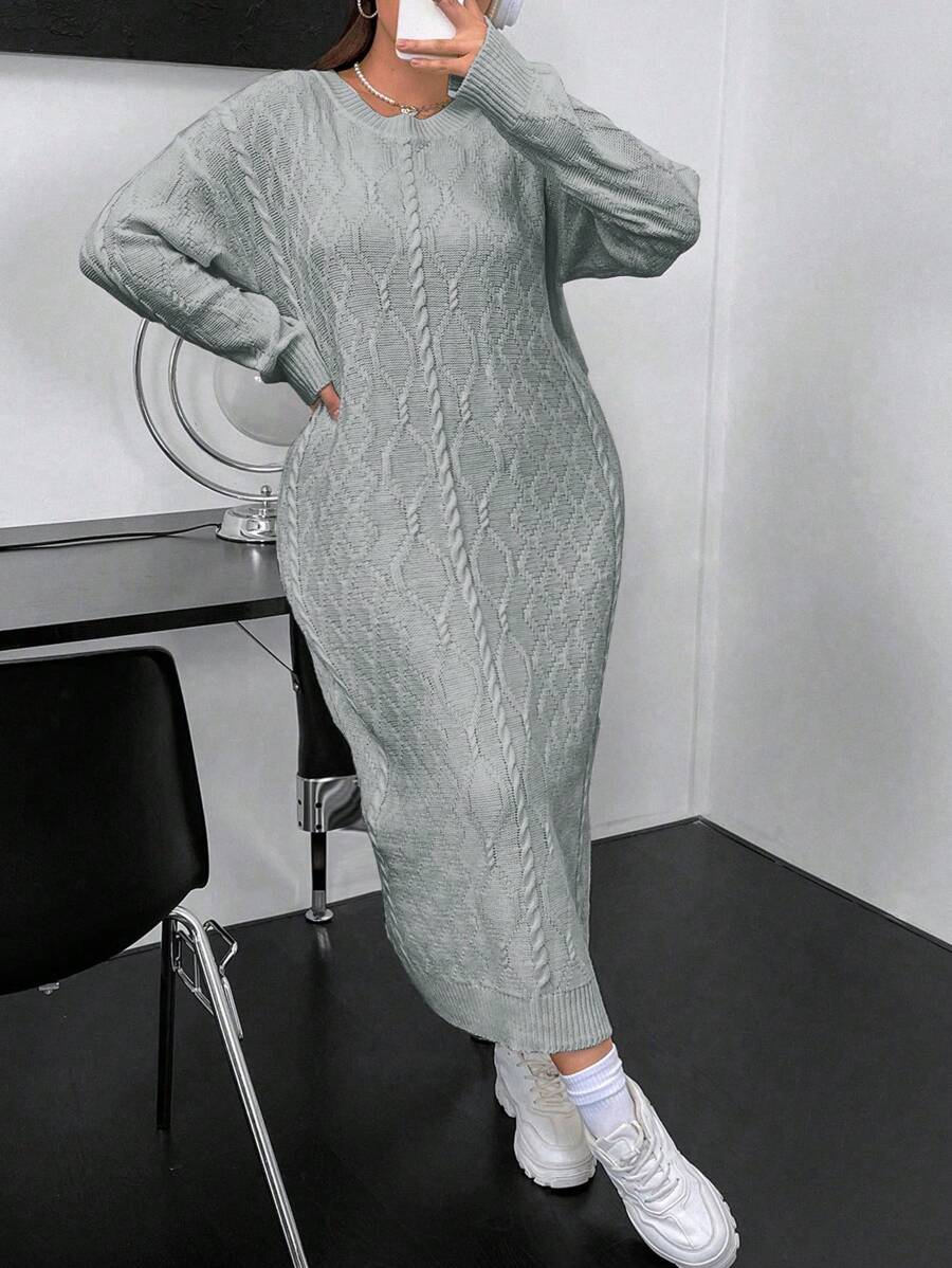 Flirla 大尺寸純色絞花針織毛衣連身裙 - 灰色 - 查看 1