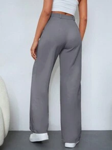 SHEIN Cottnline Solid Color Straight Leg Women's Suit Pants - Grey - View 2
