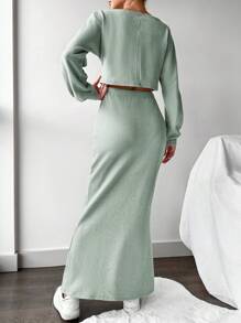 EURMUSE Women's Monochrome Ribbed Striped Round Neck Top And Skirt Set - Mint Green - View 2