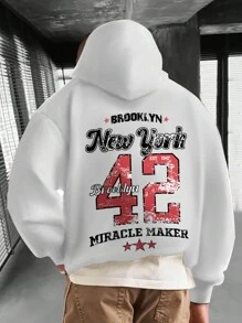 Manfinity 男款寬鬆白色帶數字印花字母帽套連帽拉鍊衫 - 白色 - 查看 1