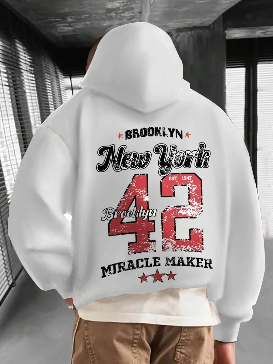 Manfinity 男款寬鬆白色帶數字印花字母帽套連帽拉鍊衫 - 白色 - 查看 1