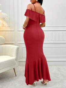 SOLERSUN Vestido de cola de sirena con borde de encaje - Rojo - Ver 2