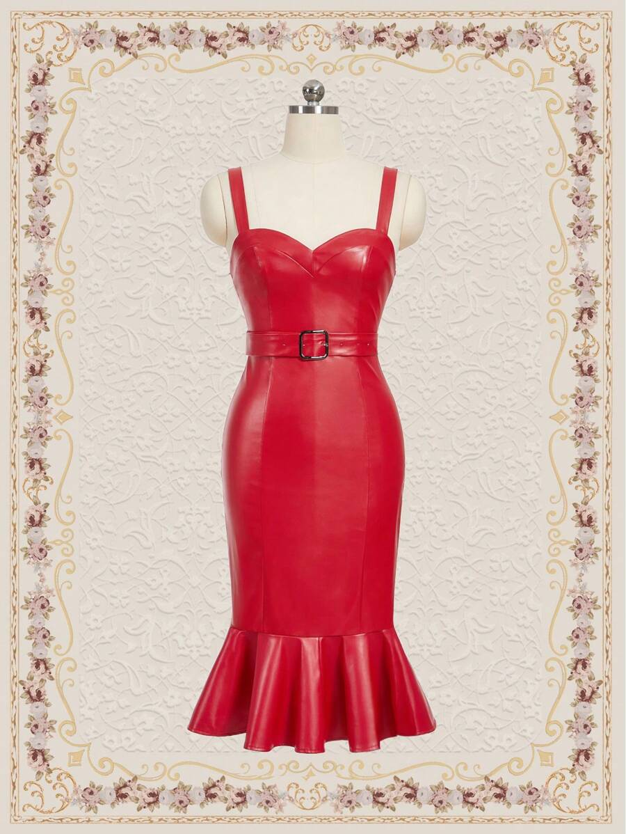 SHEIN DECDS Của phụ nữ Dây đeo Da giả Đuôi cá Đầm - Đỏ - Xem 1