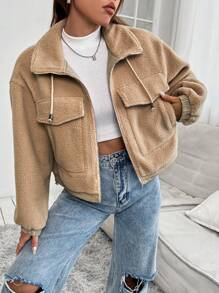 SHEIN Unity Flap Pocket Drop Shoulder Drawstring Teddy Jacket - Brown - View 6