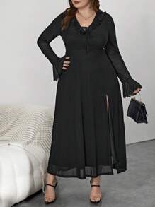 SHEIN Privé 加大碼荷葉邊波浪袖分叉連衣裙 - 黑色 - 查看 3