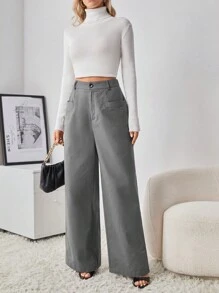 SHEIN Tall Màu thuần Của phụ nữ Quần ống rộng - Màu xám đen - Xem 3