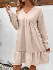 SHEIN VCAY Women's V-neck Ruffle Hemline Dress - Apricot - View 3