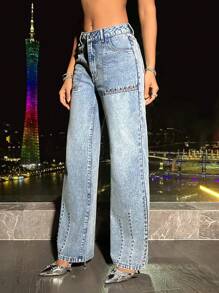 SHEIN BAE Đinh tán Chi tiết Denim mùa giặt Denim Quần jean - Màu xanh lam - Xem 3