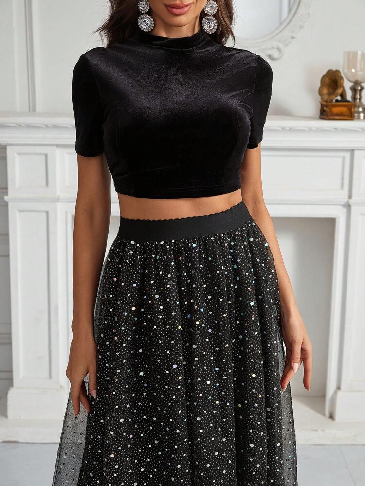 Velvet Crop Tee & Mesh Overlay Skirt