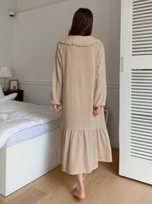 DAZY Của phụ nữ Tay áo lồng đèn Cổ tròn Áo ngủ dài Với Xù Hoa Sen - Màu Khaki - Xem 2