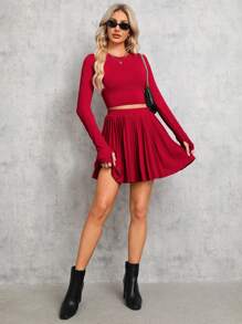SHEIN Tall Solid Crop Tee & Pleated Skirt - Red - View 4