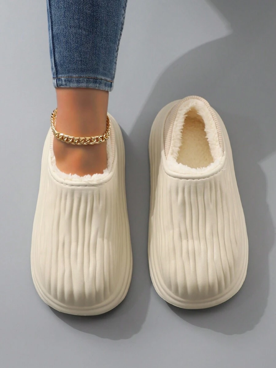 Women's Removable Waterproof Velvet Slippers For Autumn And Winter, Crossband Design With Eva Sole - Beige - View 1