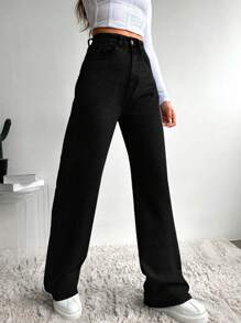 SHEIN Cottnline Solid Color Straight Leg Casual Jeans - Black - View 3