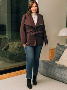 EMERY ROSE 大補碼對比綁定瀑布領配腰帶外套 - 棕色 - 查看 3