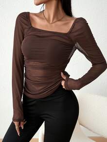 SHEIN Privé Solid Color Mesh Square Neck Pleated Long Sleeve Top - Brown - View 6